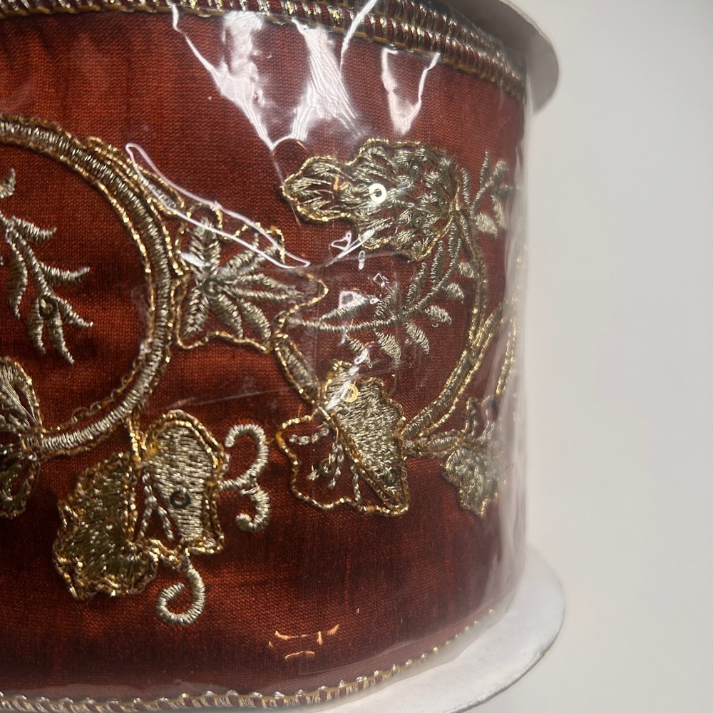 4” Embroidered Floral & Leaf Pattern Trimmed In Gold Beads & Sequins Ribbon - Picture 4 of 9